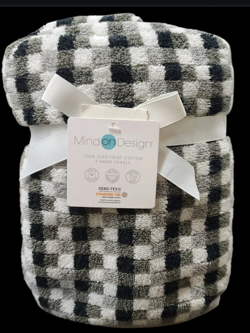2pc Mind on Design Black White Geo Check Zero Twist Cotton Hand Towel Set NEW